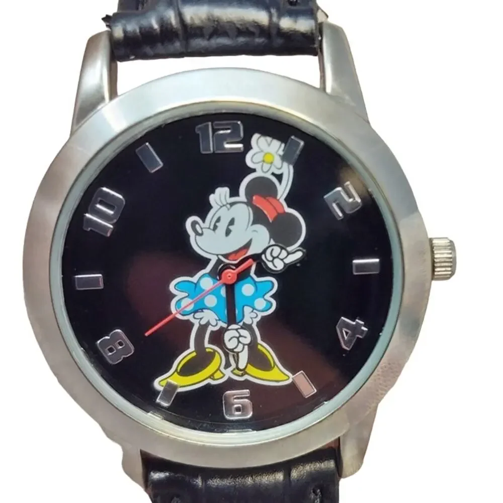 Disney Minnie Mouse Blue Dress Watch Silver Face Black Band